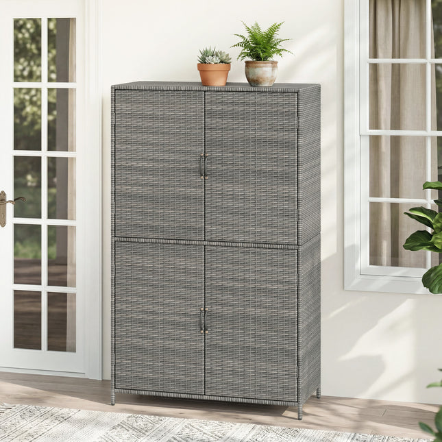 4-Door Rattan Vertical Storage Shed with Adjustable Shelves-Gray