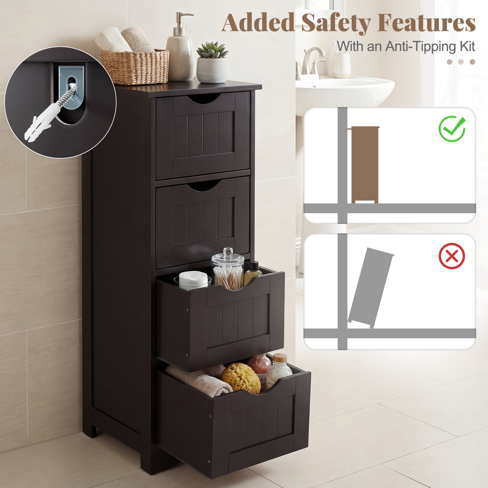 4-Drawer Freestanding Floor Cabinet with Anti-Toppling Device-Dark Brown
