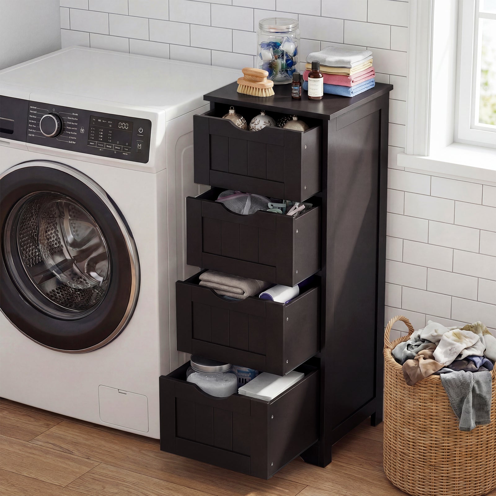 4-Drawer Freestanding Floor Cabinet with Anti-Toppling Device-Dark Brown