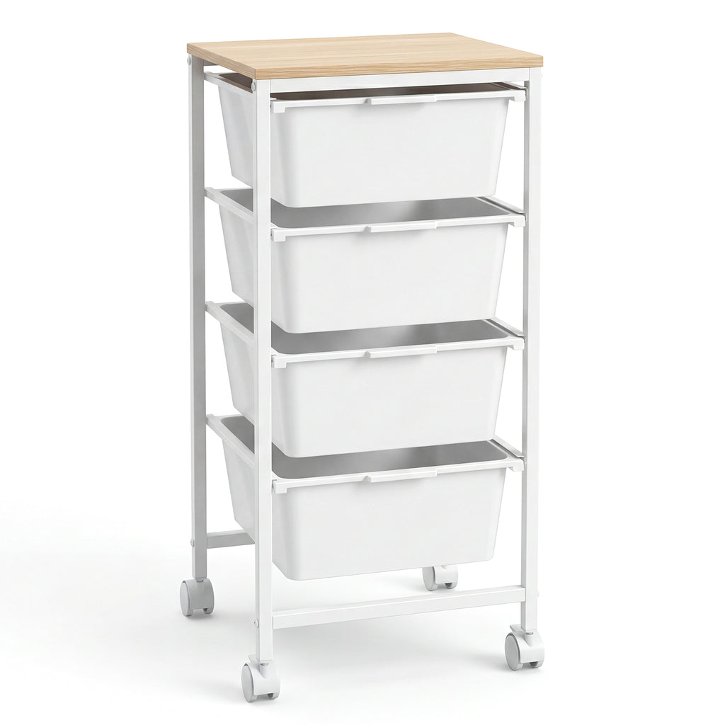 4-Drawer Rolling Storage Cart Mobile Utility Organizer with Wooden Tabletop and Lockable Wheels-White