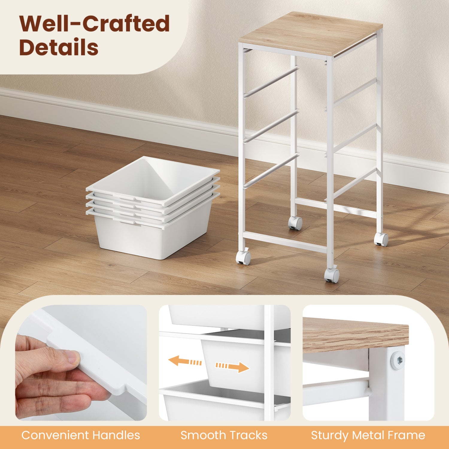 4-Drawer Rolling Storage Cart Mobile Utility Organizer with Wooden Tabletop and Lockable Wheels-White