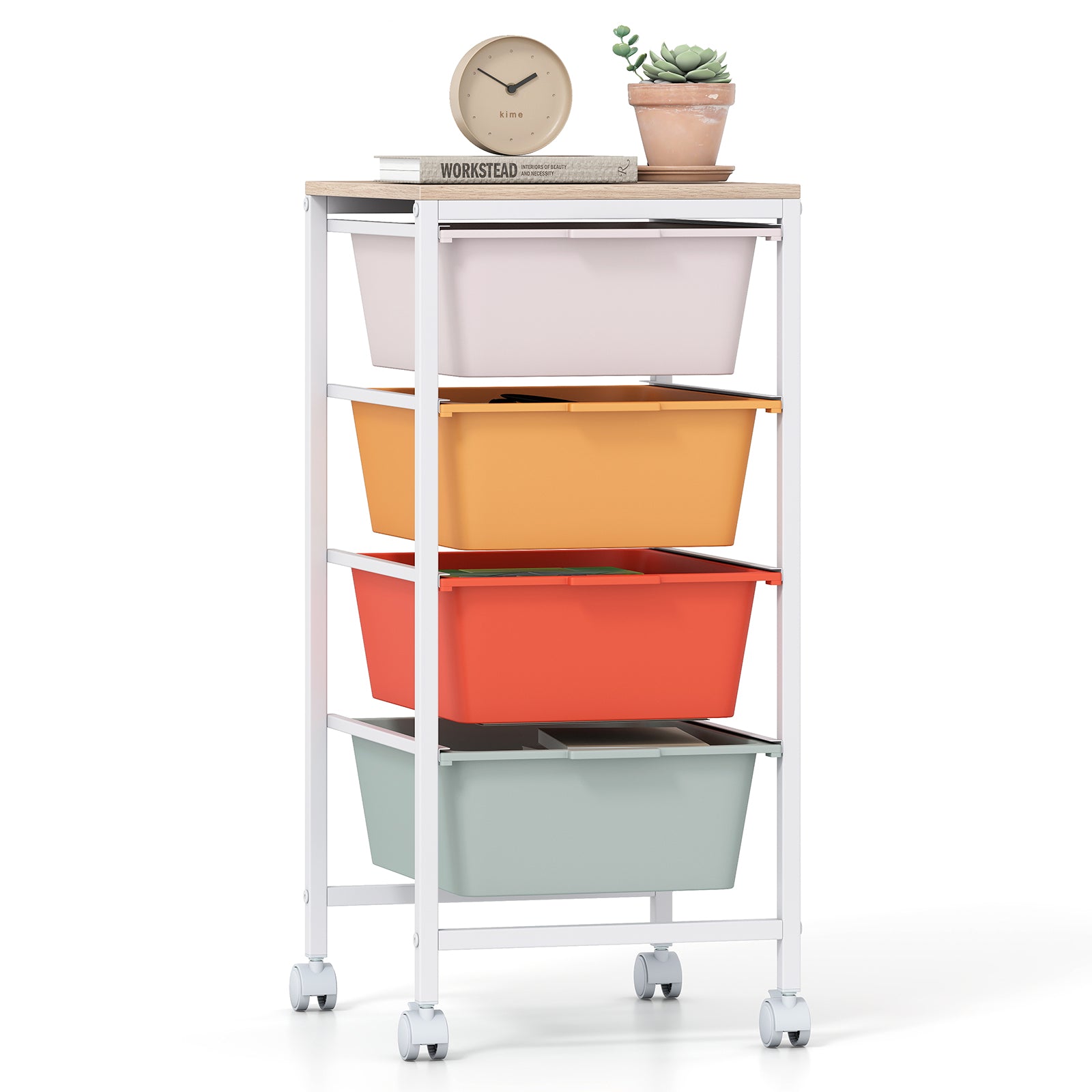 4-Drawer Rolling Storage Cart Mobile Utility Organizer with Wooden Tabletop and Lockable Wheels-Macaron