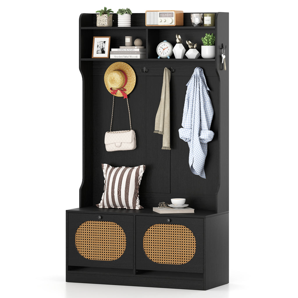 4-In-1 Hall Tree with Coat Rack and Flip Drawers for Entryway Mudroom-Black