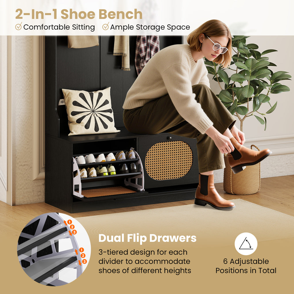 4-In-1 Hall Tree with Coat Rack and Flip Drawers for Entryway Mudroom-Black
