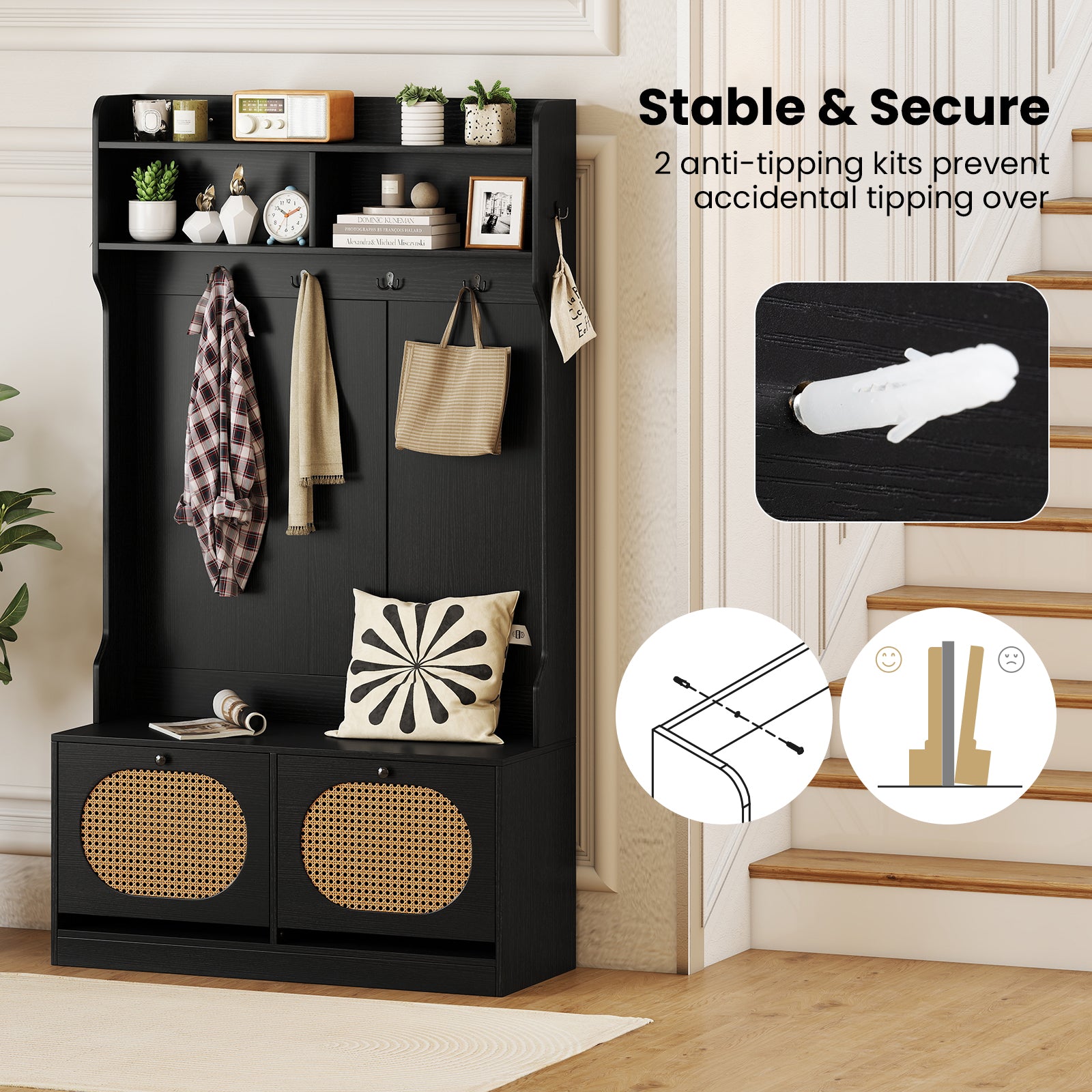 4-In-1 Hall Tree with Coat Rack and Flip Drawers for Entryway Mudroom-Black