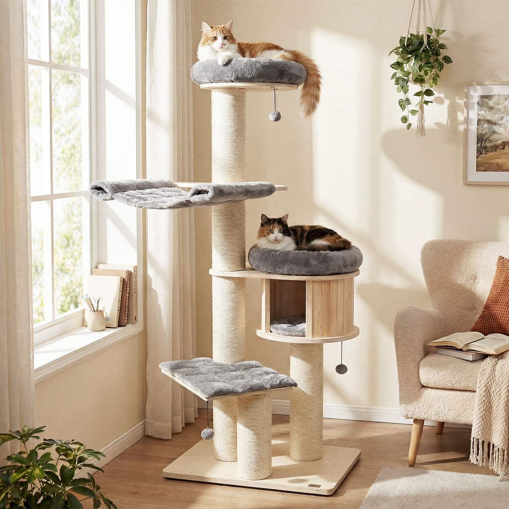 4-Layer 68.5-Inch Wooden Cat Tree Condo Activity Tower with Sisal Posts-Gray