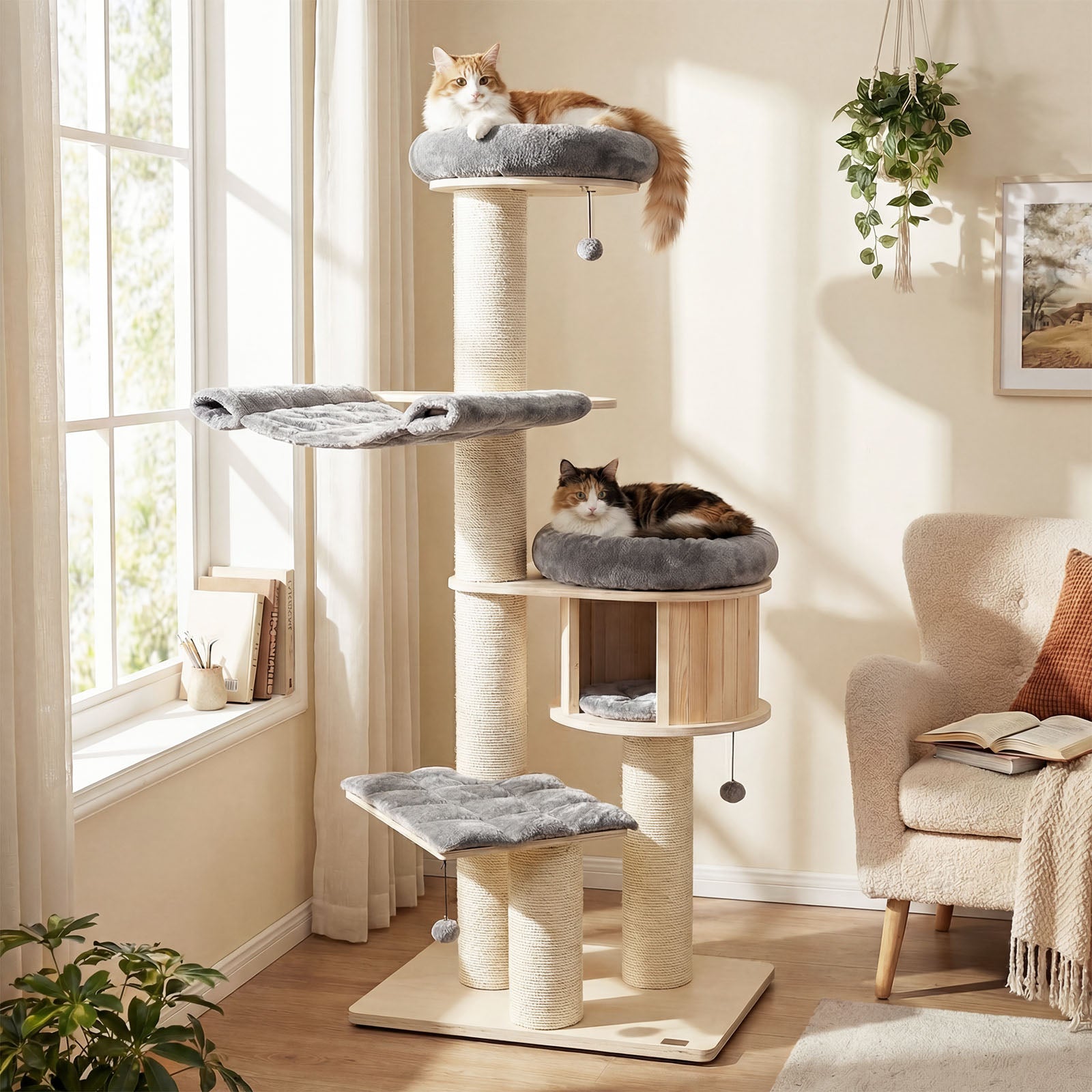 4-Layer 68.5-Inch Wooden Cat Tree Condo Activity Tower with Sisal Posts-Gray