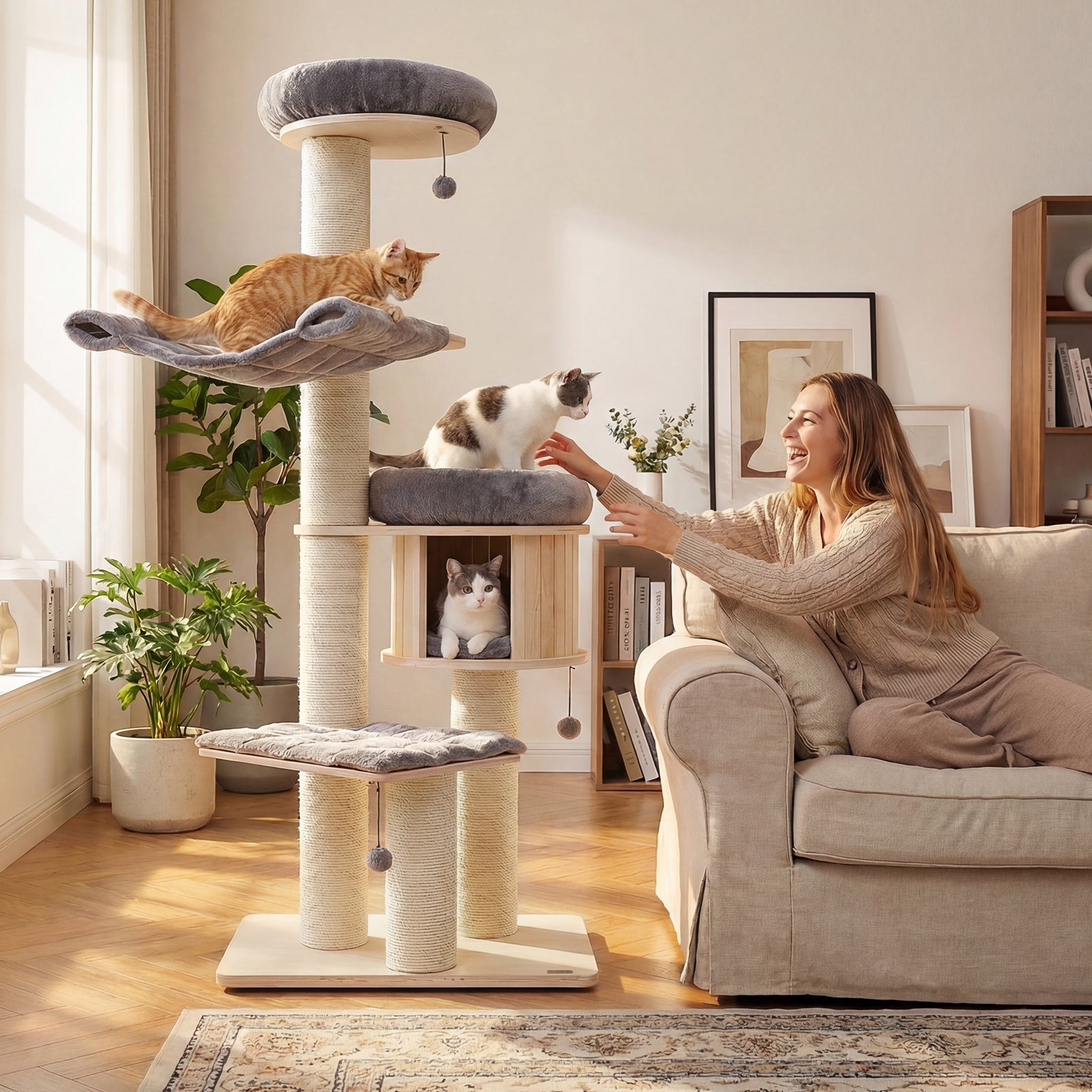 4-Layer 68.5-Inch Wooden Cat Tree Condo Activity Tower with Sisal Posts-Gray