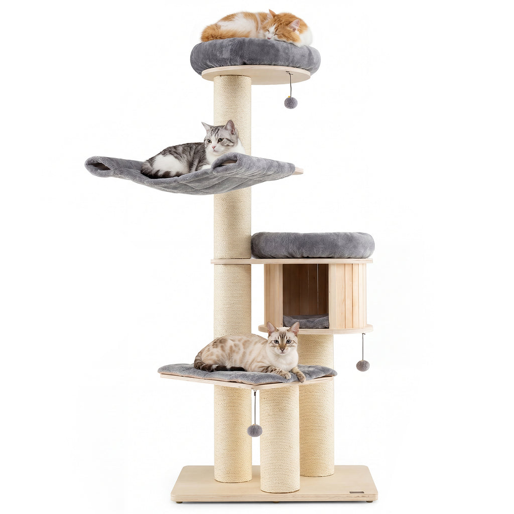 4-Layer 68.5-Inch Wooden Cat Tree Condo Activity Tower with Sisal Posts-Gray