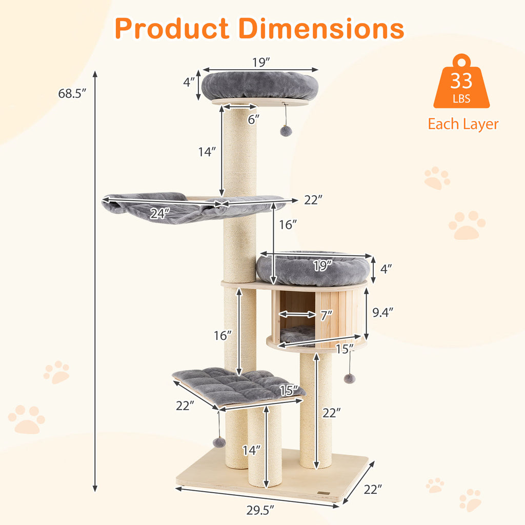 4-Layer 68.5-Inch Wooden Cat Tree Condo Activity Tower with Sisal Posts-Gray