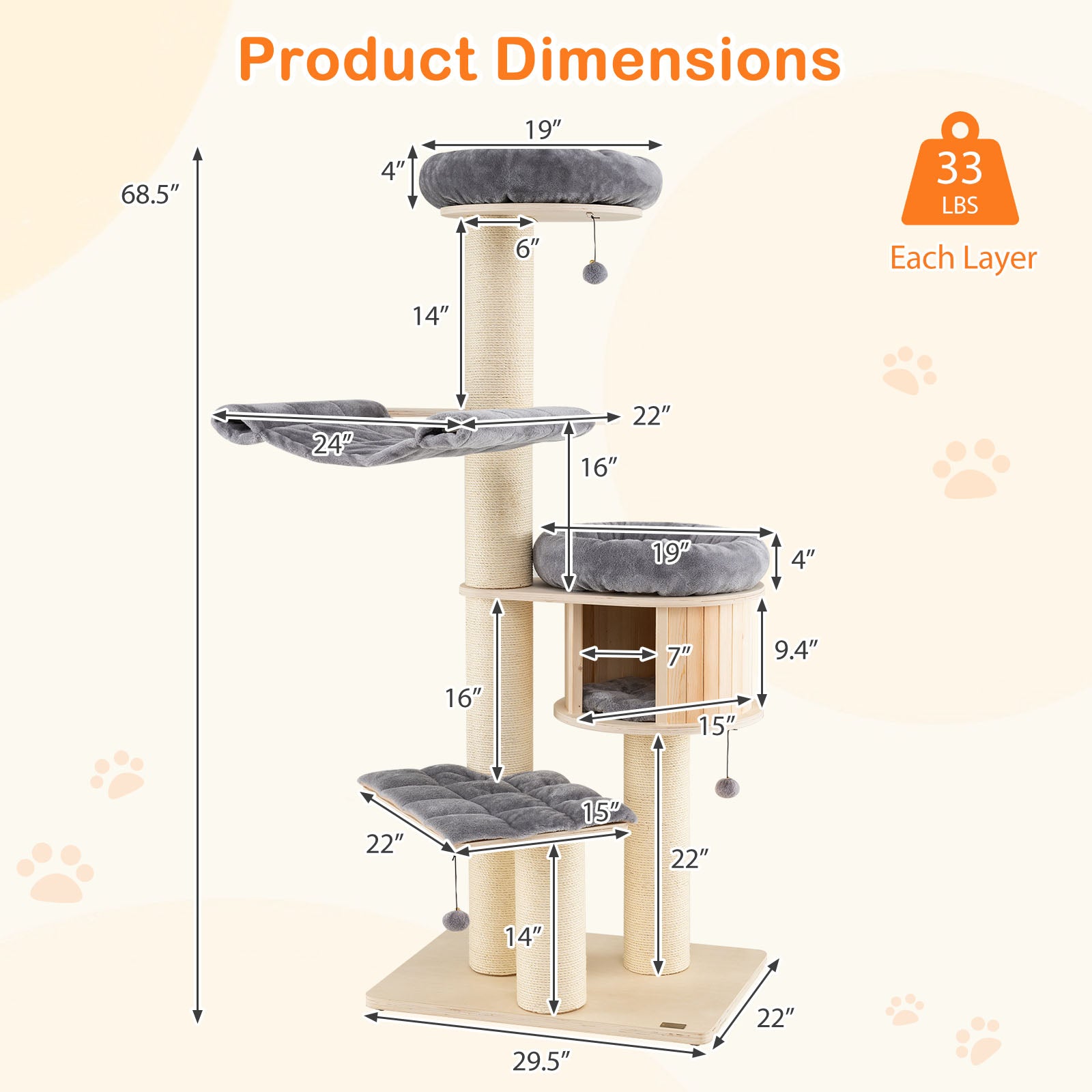 4-Layer 68.5-Inch Wooden Cat Tree Condo Activity Tower with Sisal Posts-Gray