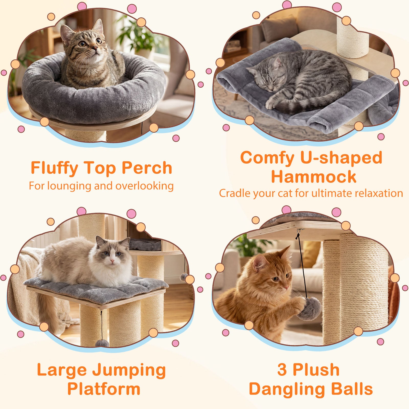 4-Layer 68.5-Inch Wooden Cat Tree Condo Activity Tower with Sisal Posts-Gray