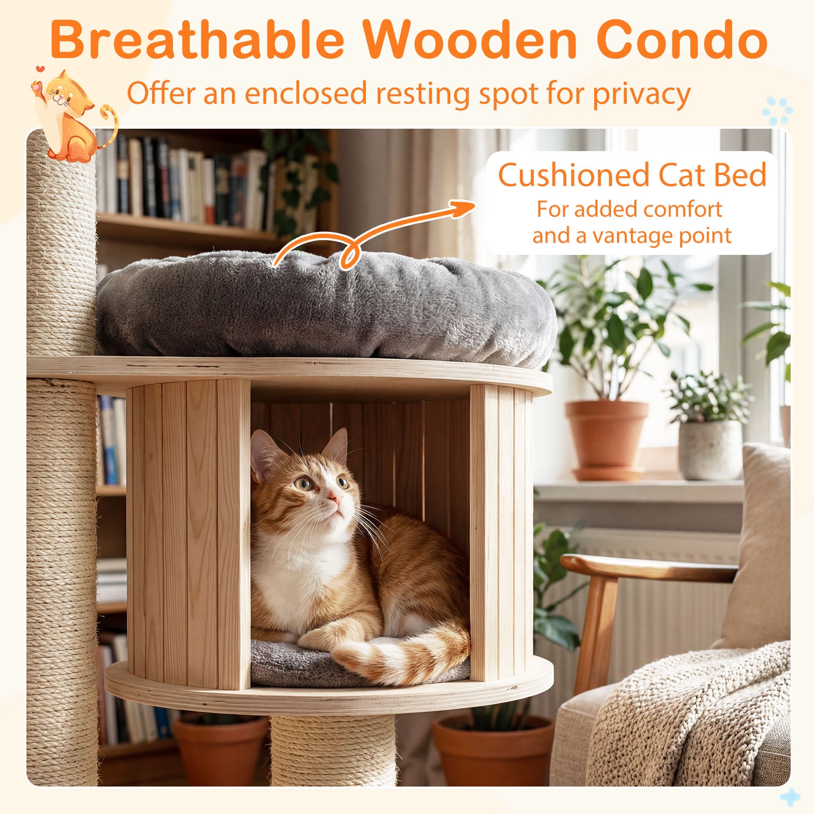 4-Layer 68.5-Inch Wooden Cat Tree Condo Activity Tower with Sisal Posts-Gray