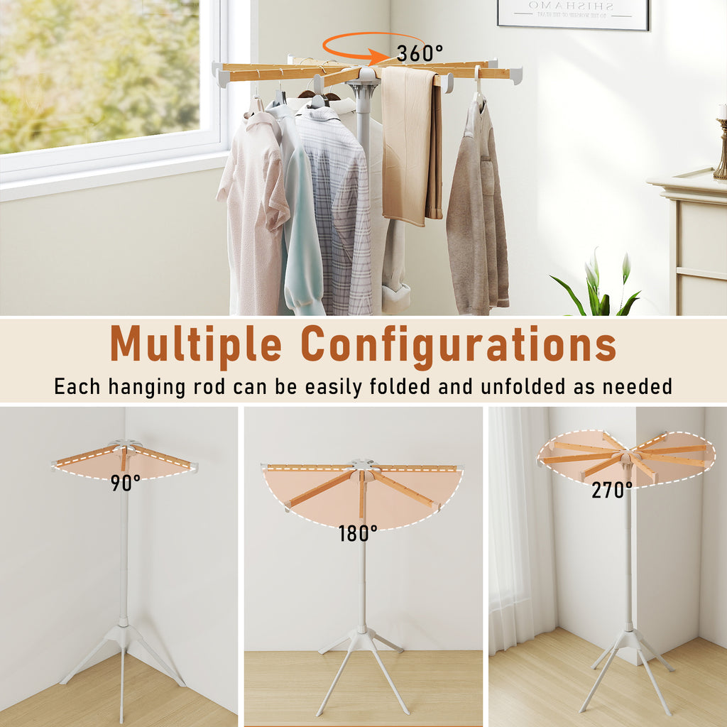 4 Legs Foldable Clothes Drying Rack with 8 Bamboo Hanging Rods and 40 Hanger Slots