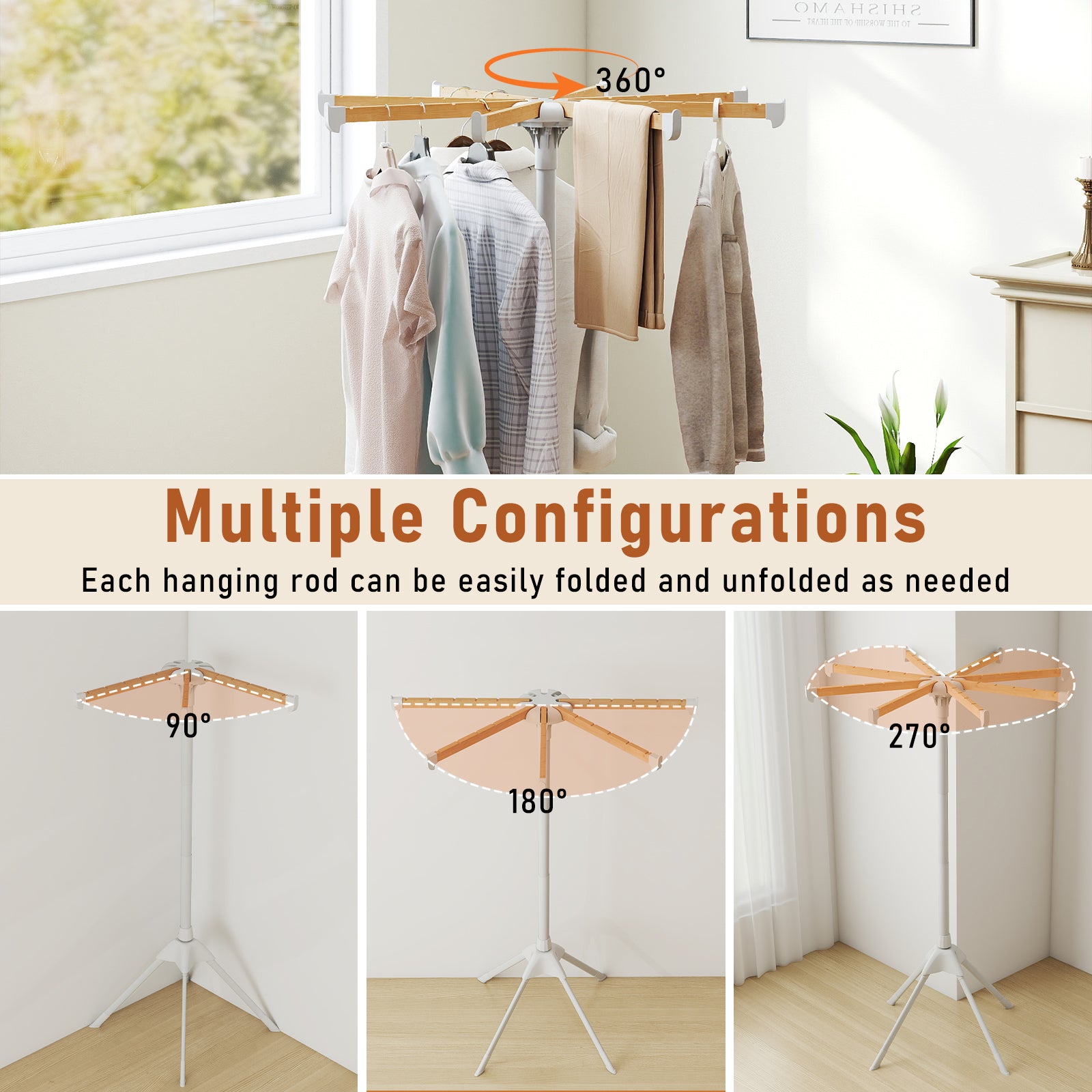 4 Legs Foldable Clothes Drying Rack with 8 Bamboo Hanging Rods and 40 Hanger Slots