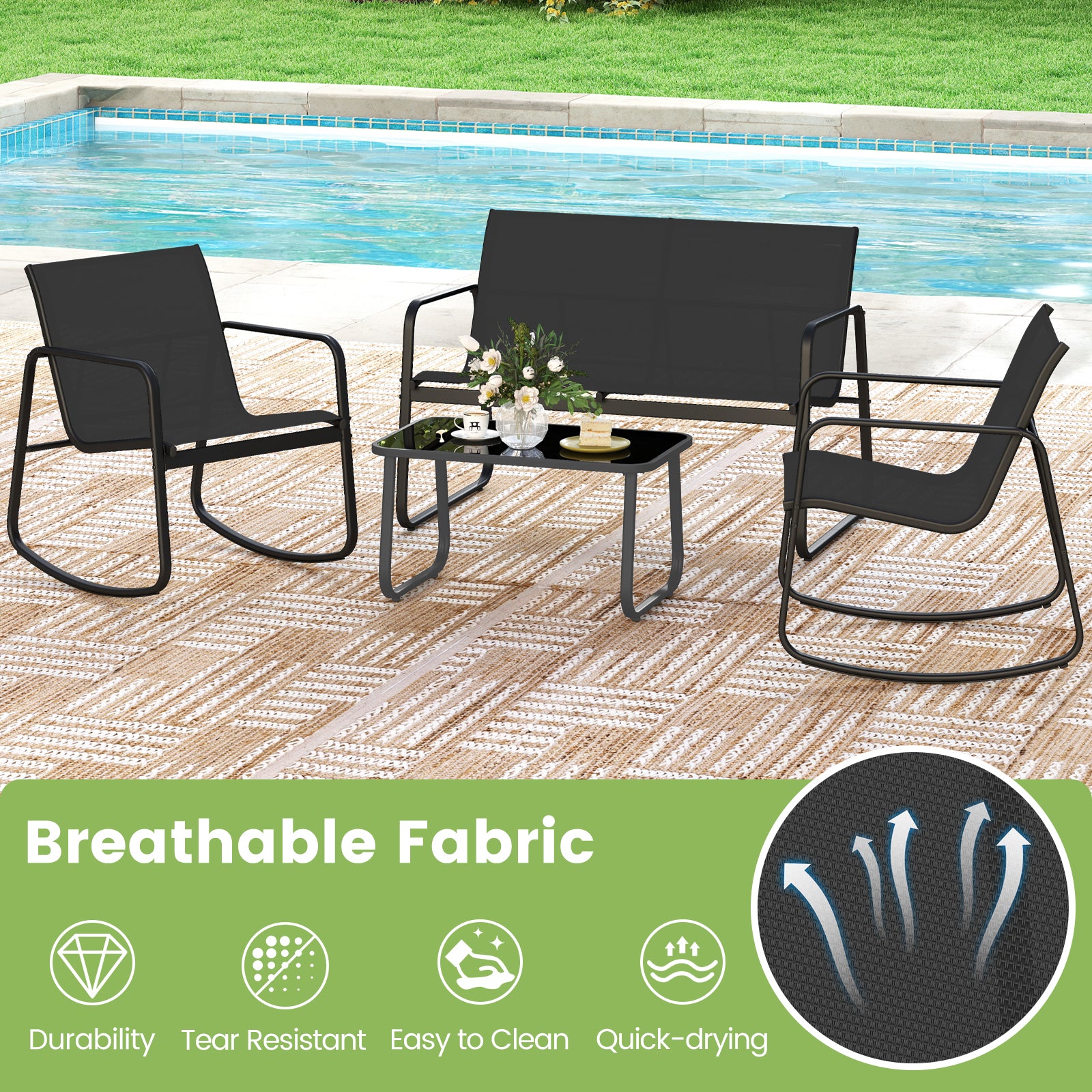 4 PCS Patio Furniture Set Outdoor Rocker Chair Conversation Set-Black
