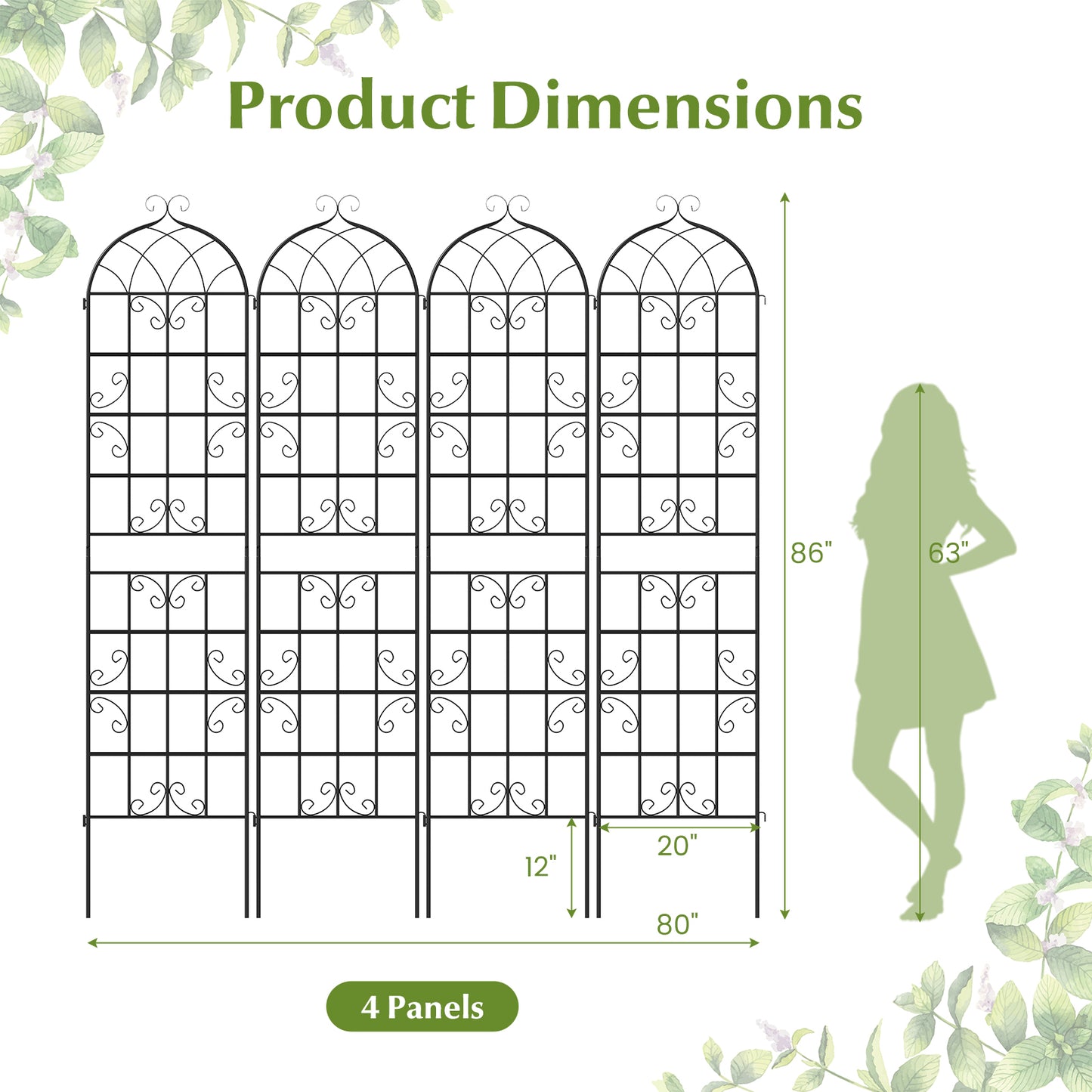 4 Pack 86" x 20" Metal Garden Trellis for Outdoor Climbing Plants