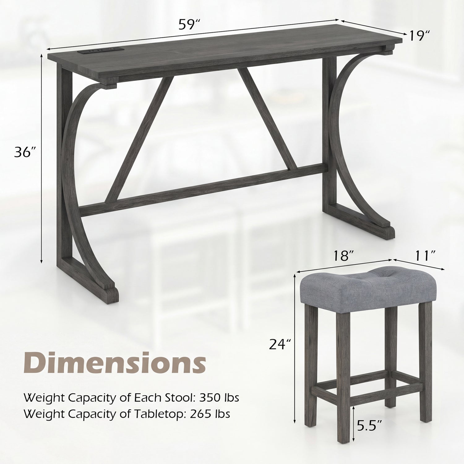 4-Piece Bar Table Set with Power Outlet and Upholstered Saddle Seat Stools-Black