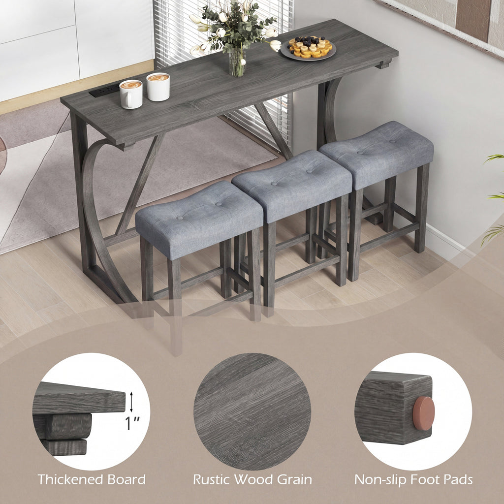 4-Piece Bar Table Set with Power Outlet and Upholstered Saddle Seat Stools-Black