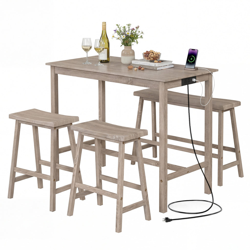 4-Piece Counter Height Dining Table Set with Power Outlet Solid Rubber Wood Kitchen Table-Light Gray