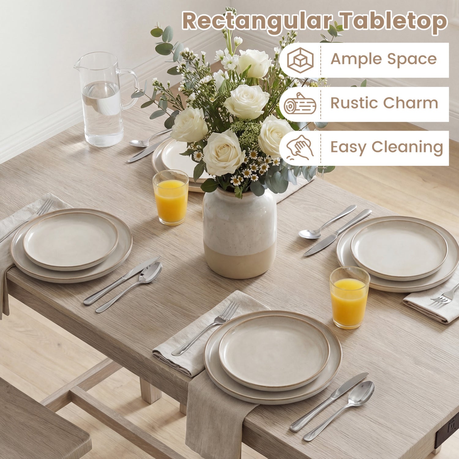 4-Piece Counter Height Dining Table Set with Power Outlet Solid Rubber Wood Kitchen Table-Light Gray