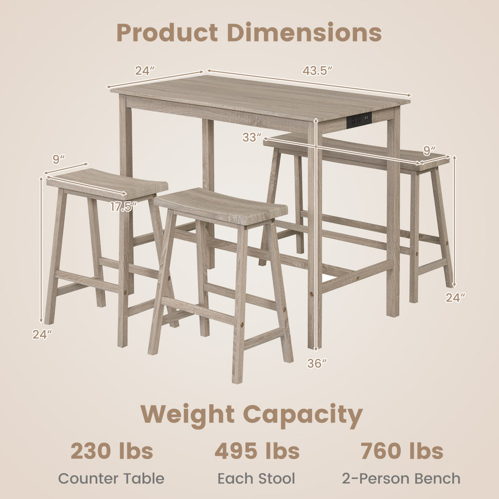 4-Piece Counter Height Dining Table Set with Power Outlet Solid Rubber Wood Kitchen Table-Light Gray