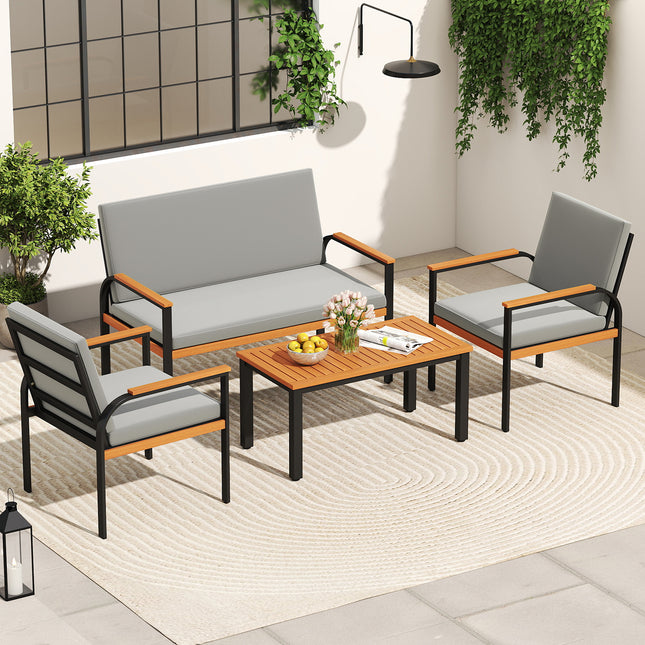 4 Piece Patio Furniture Set with Coffee Table and Loveseat with Removable Cushions-Gray