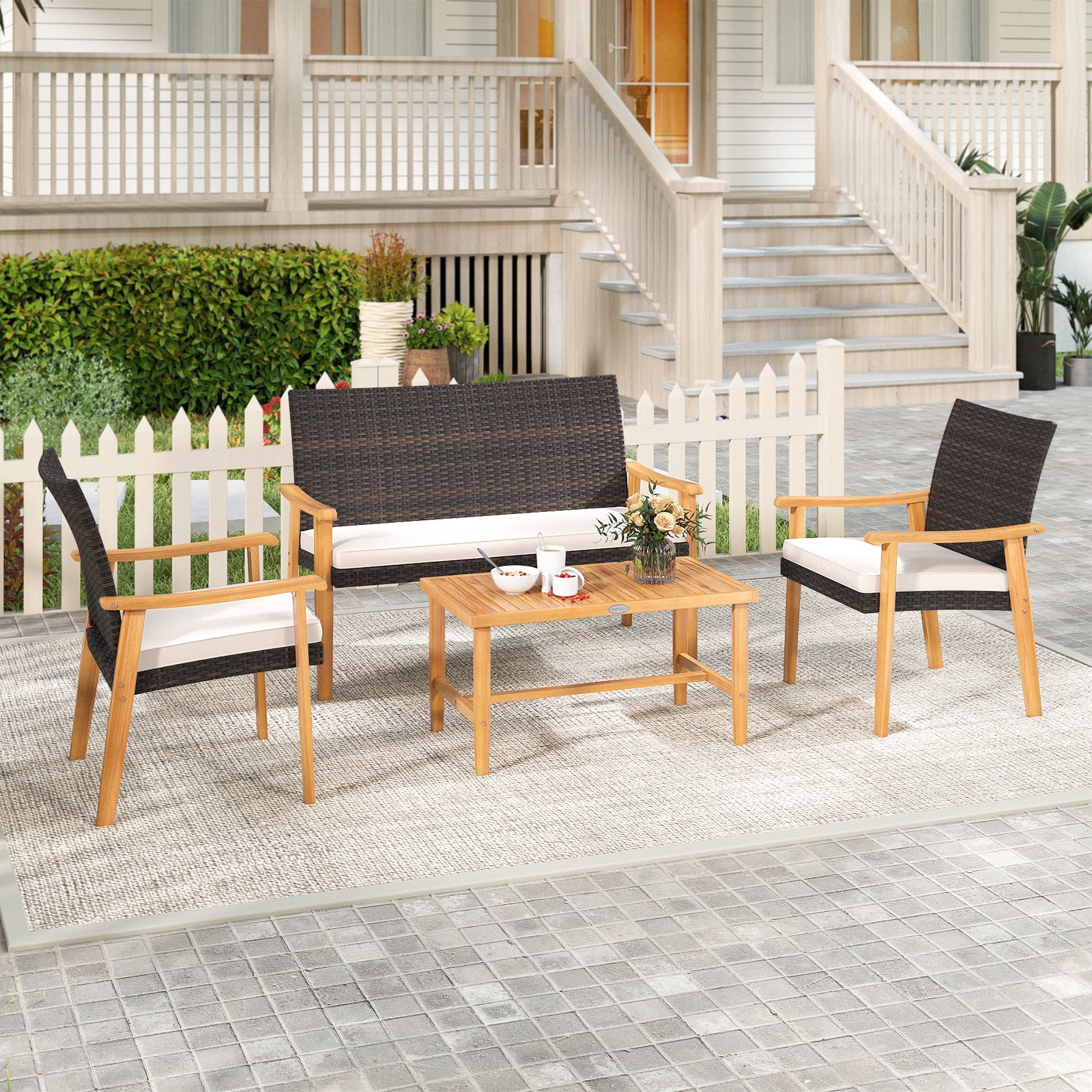 4 Piece Patio Furniture Set PE Rattan Porch Chairs with Acacia Wood Coffee Table and Soft Cushions-White