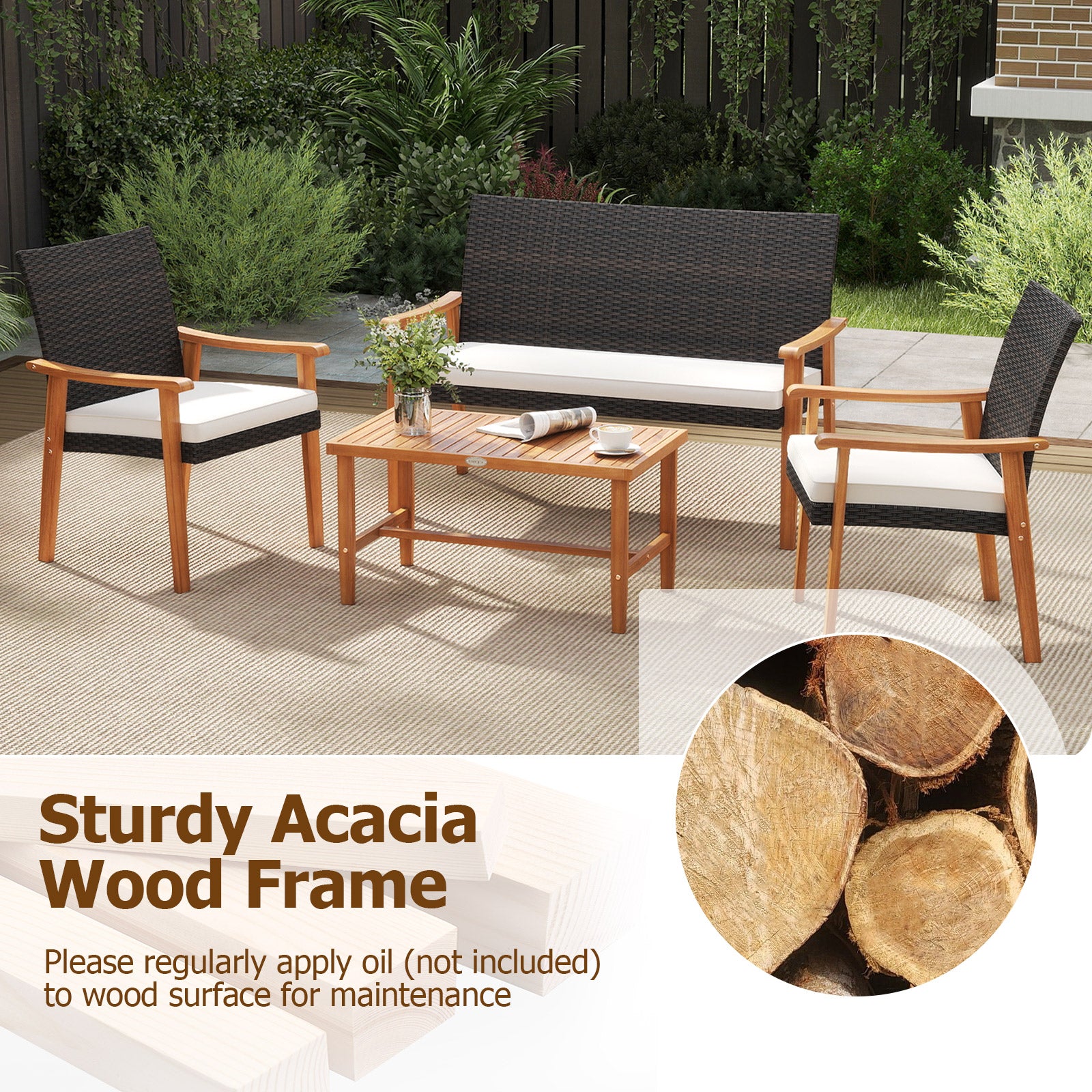 4 Piece Patio Furniture Set PE Rattan Porch Chairs with Acacia Wood Coffee Table and Soft Cushions-White