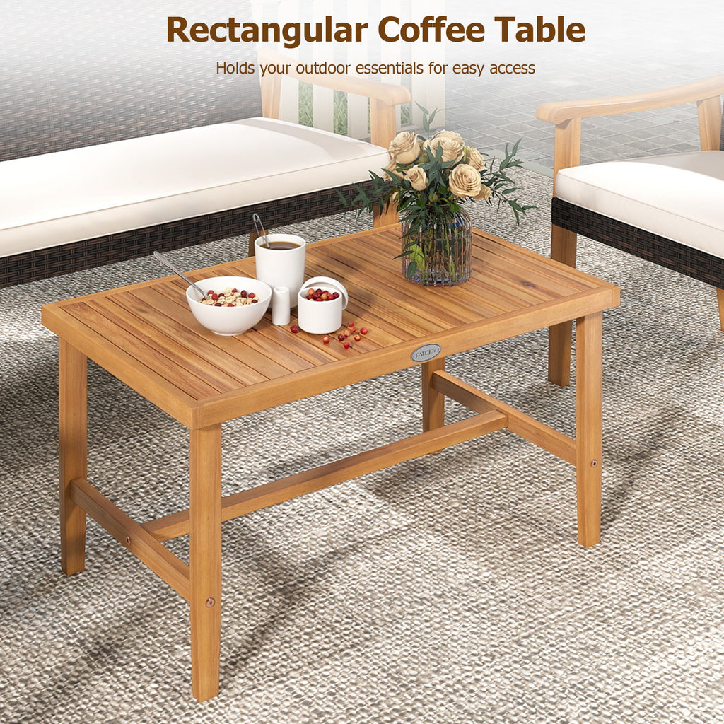 4 Piece Patio Furniture Set PE Rattan Porch Chairs with Acacia Wood Coffee Table and Soft Cushions-White