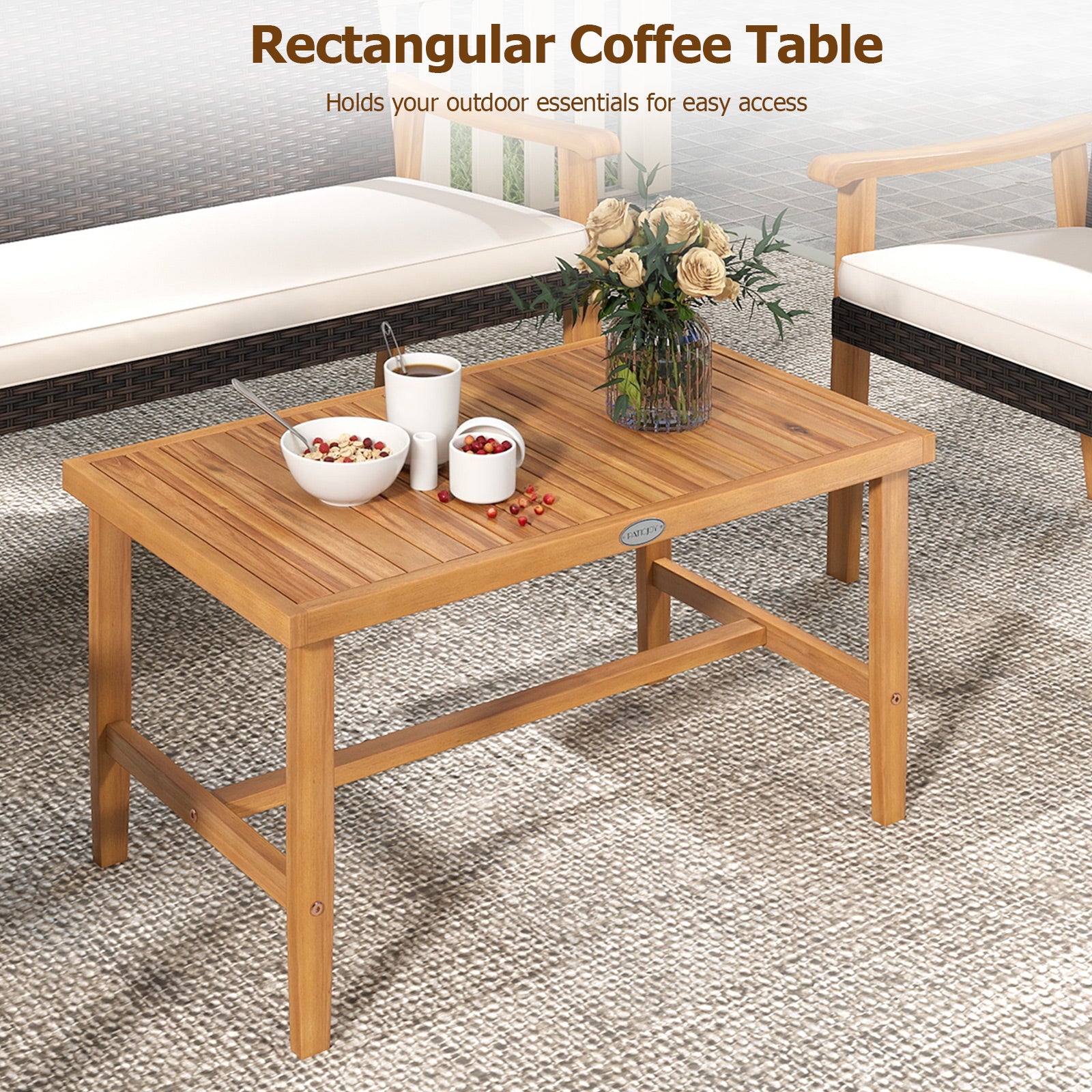 4 Piece Patio Furniture Set PE Rattan Porch Chairs with Acacia Wood Coffee Table and Soft Cushions-White