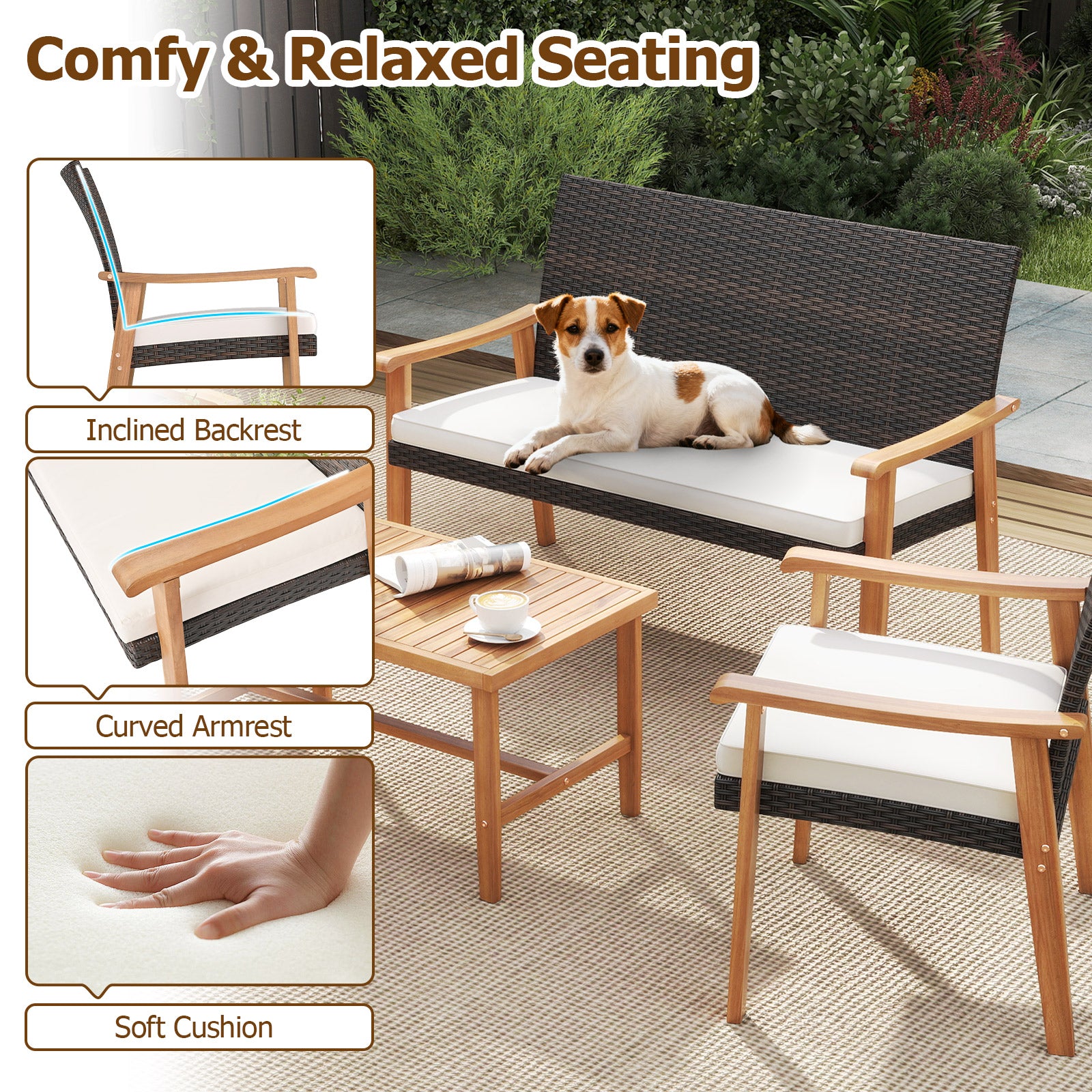 4 Piece Patio Furniture Set PE Rattan Porch Chairs with Acacia Wood Coffee Table and Soft Cushions-White