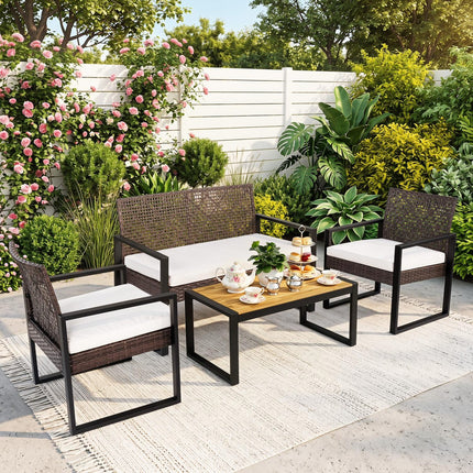 4-Piece Patio Set with Acacia Coffee Table and Wicker Chairs for Backyard-Brown & Black