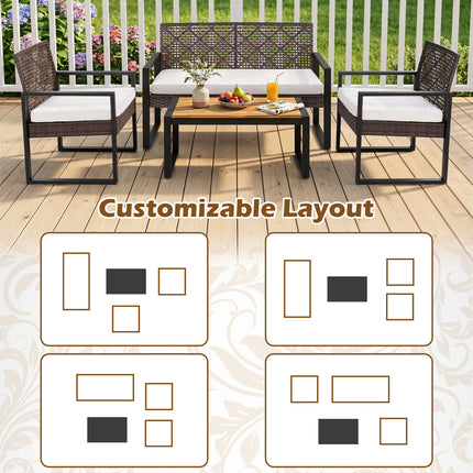 4-Piece Patio Set with Acacia Coffee Table and Wicker Chairs for Backyard-Brown & Black