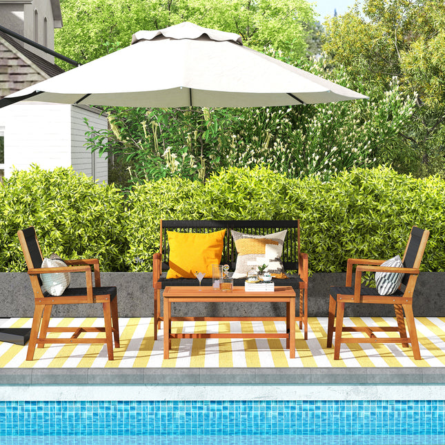 4 Pieces Acacia Wood Patio Conversation Table and Chair Set with Hand Woven Rope