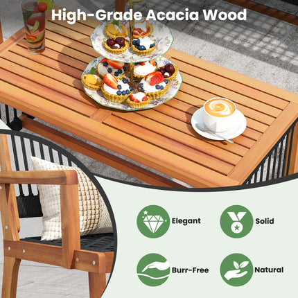4 Pieces Acacia Wood Patio Conversation Table and Chair Set with Hand Woven Rope