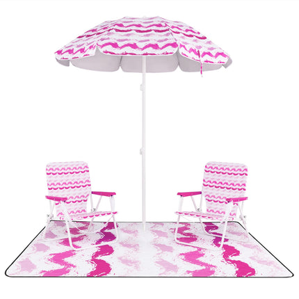 4 Pieces Beach Umbrella Set with 2 Foldable Chairs and Picnic Blanket-Pink