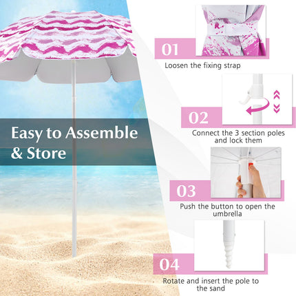 4 Pieces Beach Umbrella Set with 2 Foldable Chairs and Picnic Blanket-Pink