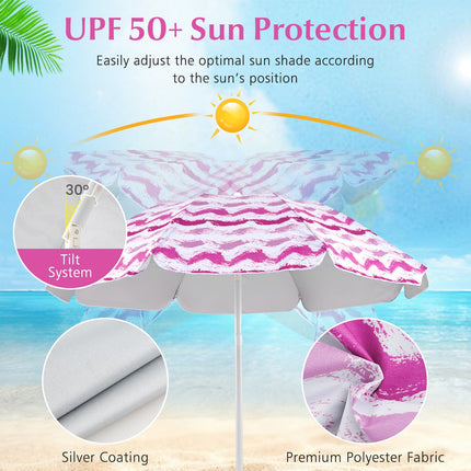 4 Pieces Beach Umbrella Set with 2 Foldable Chairs and Picnic Blanket-Pink