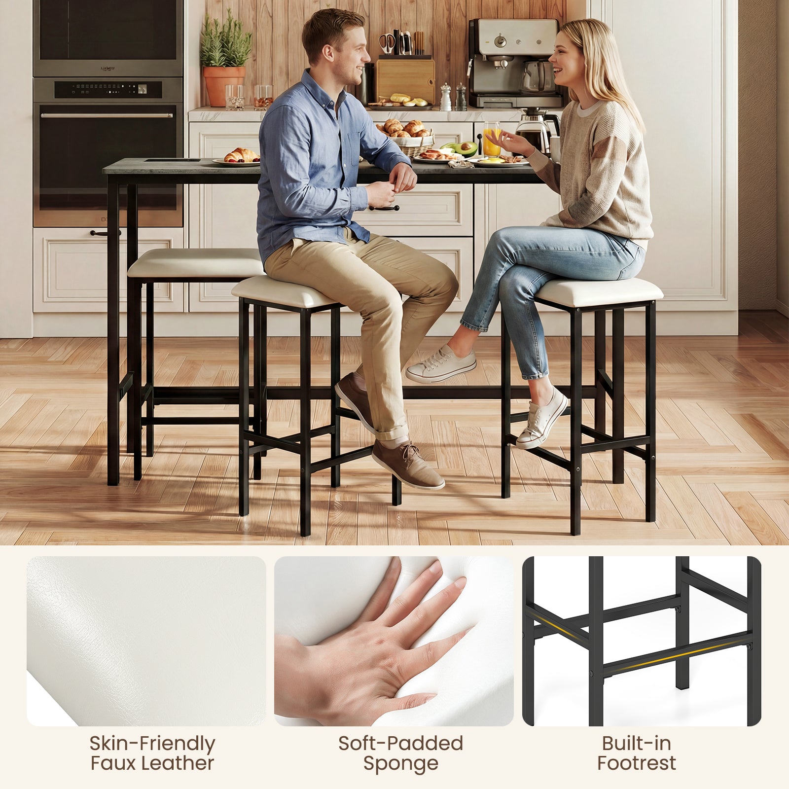 4 Pieces Counter Height Bar Table with Power Outlet with 3 Padded Stools-Gray