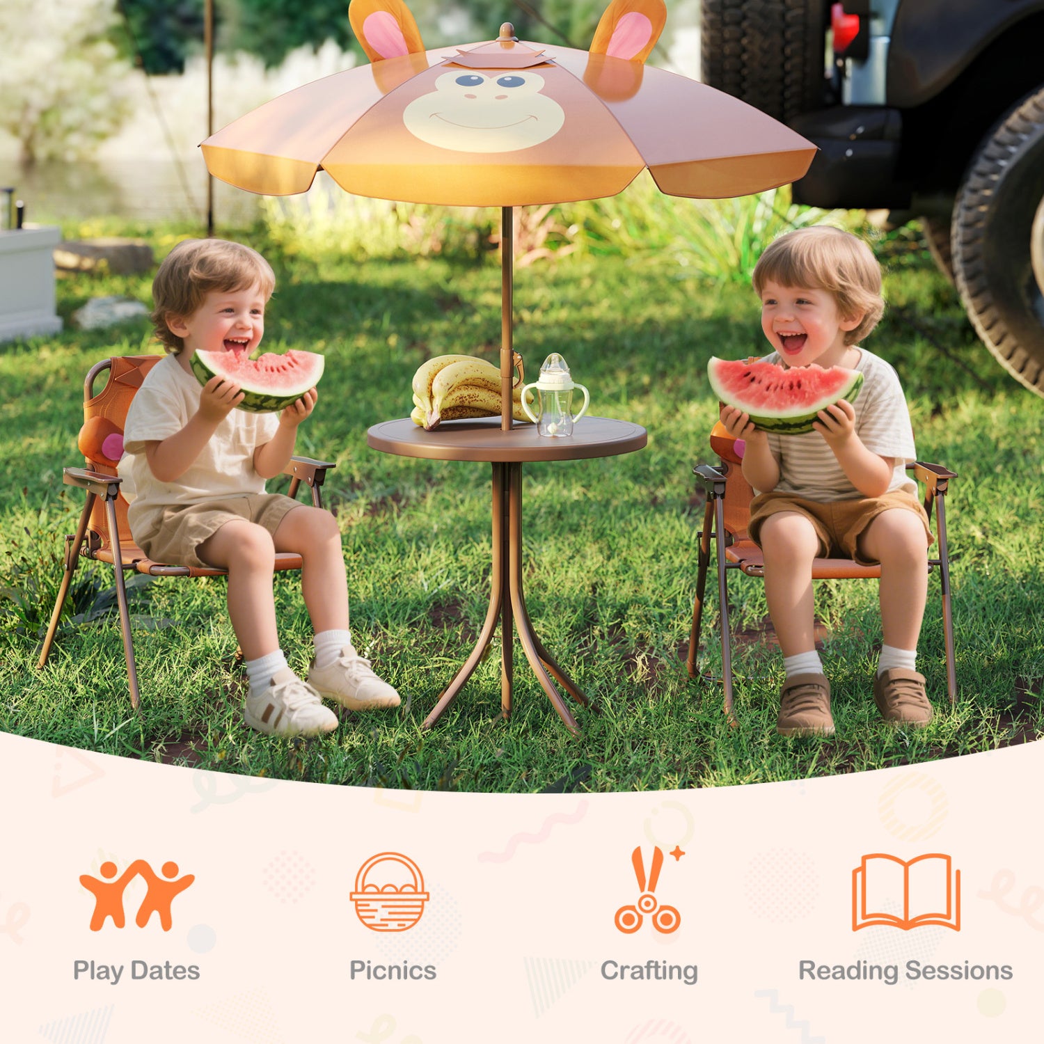 4 Pieces Kids Picnic Set with 2 Folding Chairs and Height Adjustable Umbrella-Brown