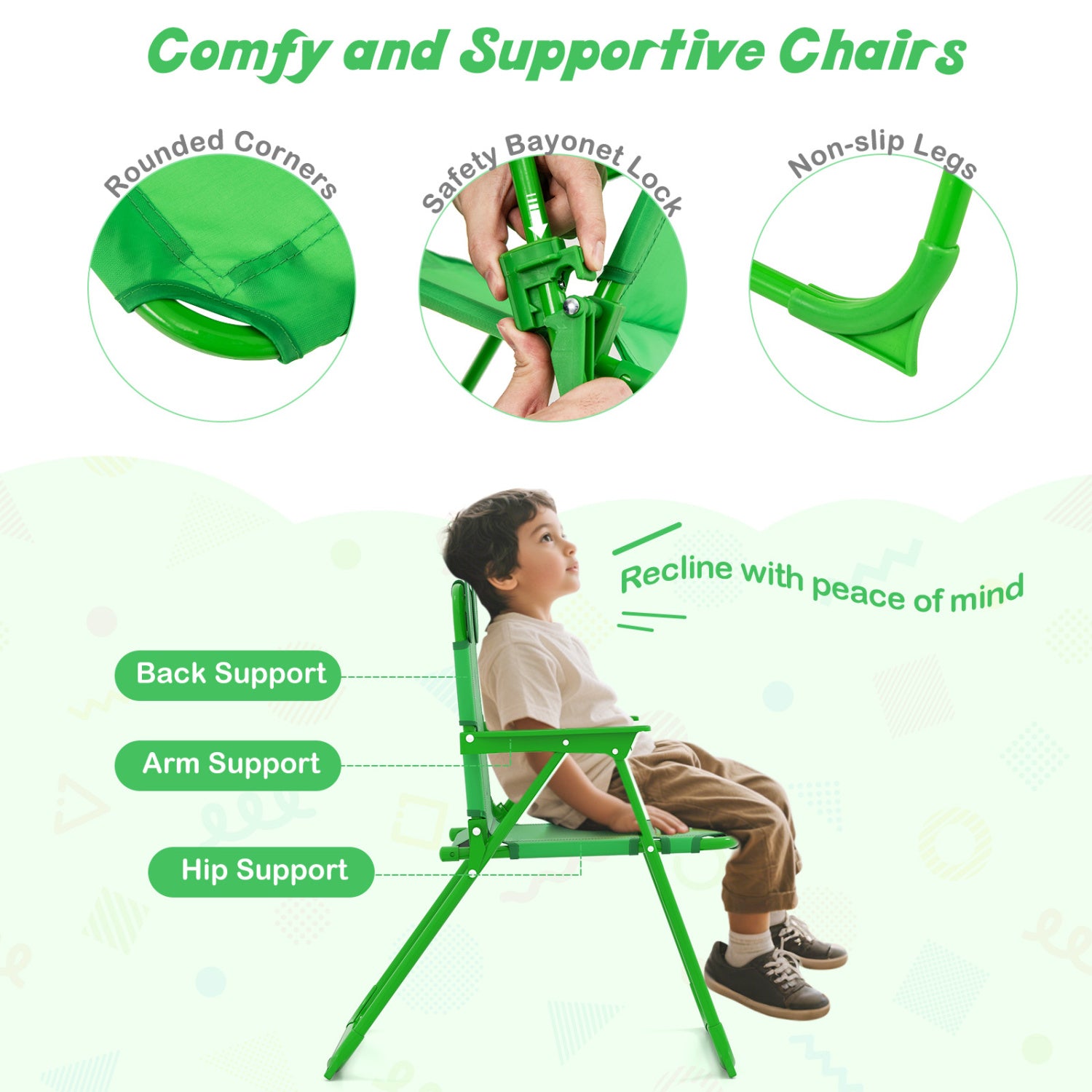 4 Pieces Kids Picnic Set with 2 Folding Chairs and Height Adjustable Umbrella-Green