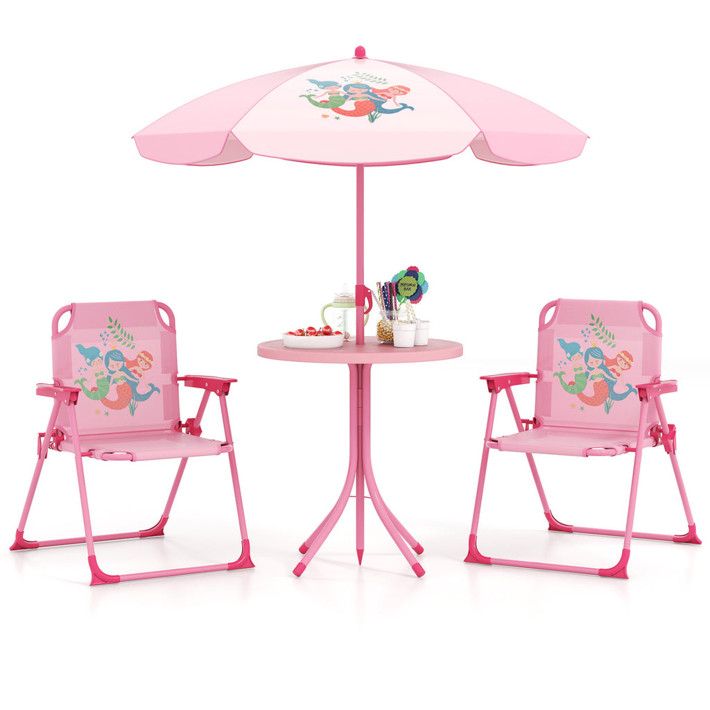 4 Pieces Kids Picnic Set with 2 Folding Chairs and Height Adjustable Umbrella-Pink