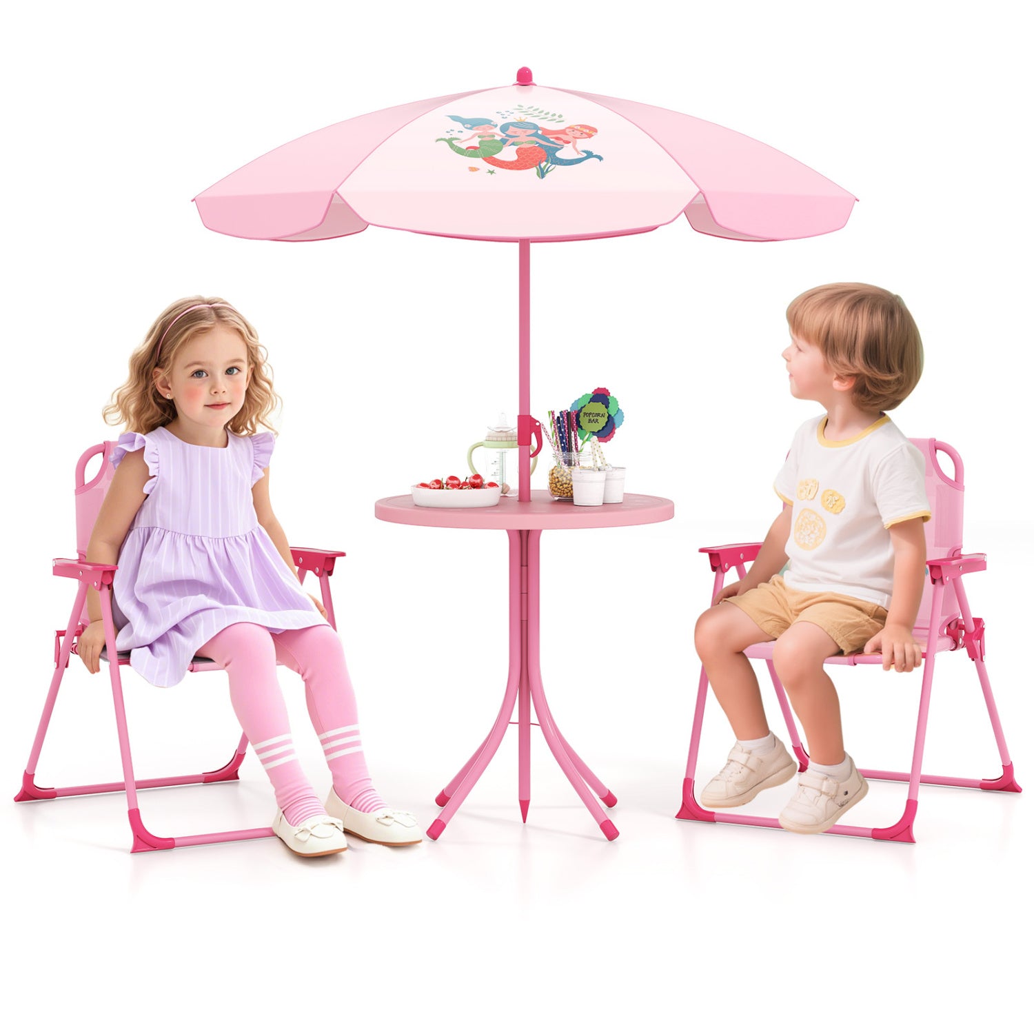 4 Pieces Kids Picnic Set with 2 Folding Chairs and Height Adjustable Umbrella-Pink