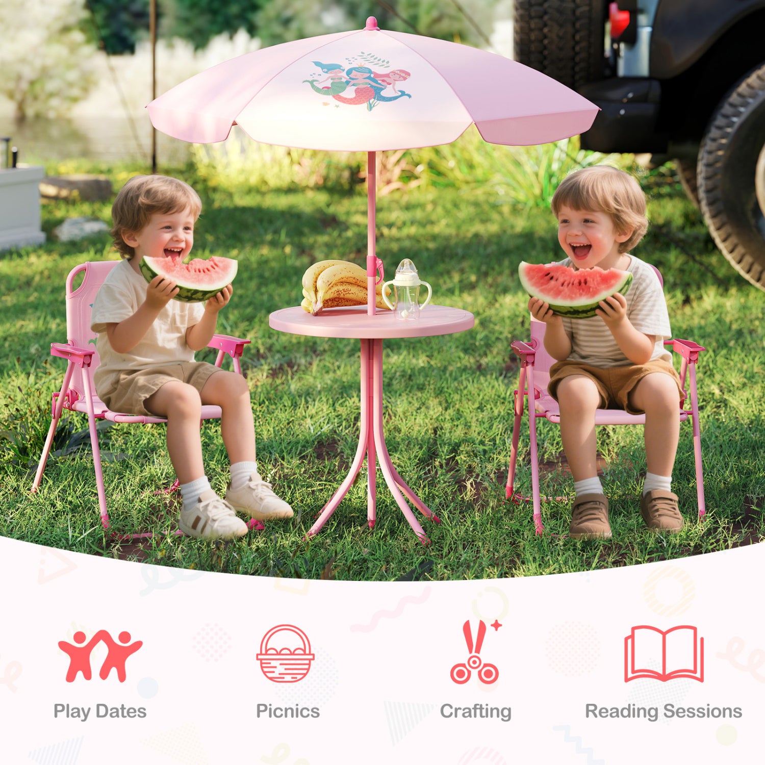 4 Pieces Kids Picnic Set with 2 Folding Chairs and Height Adjustable Umbrella-Pink