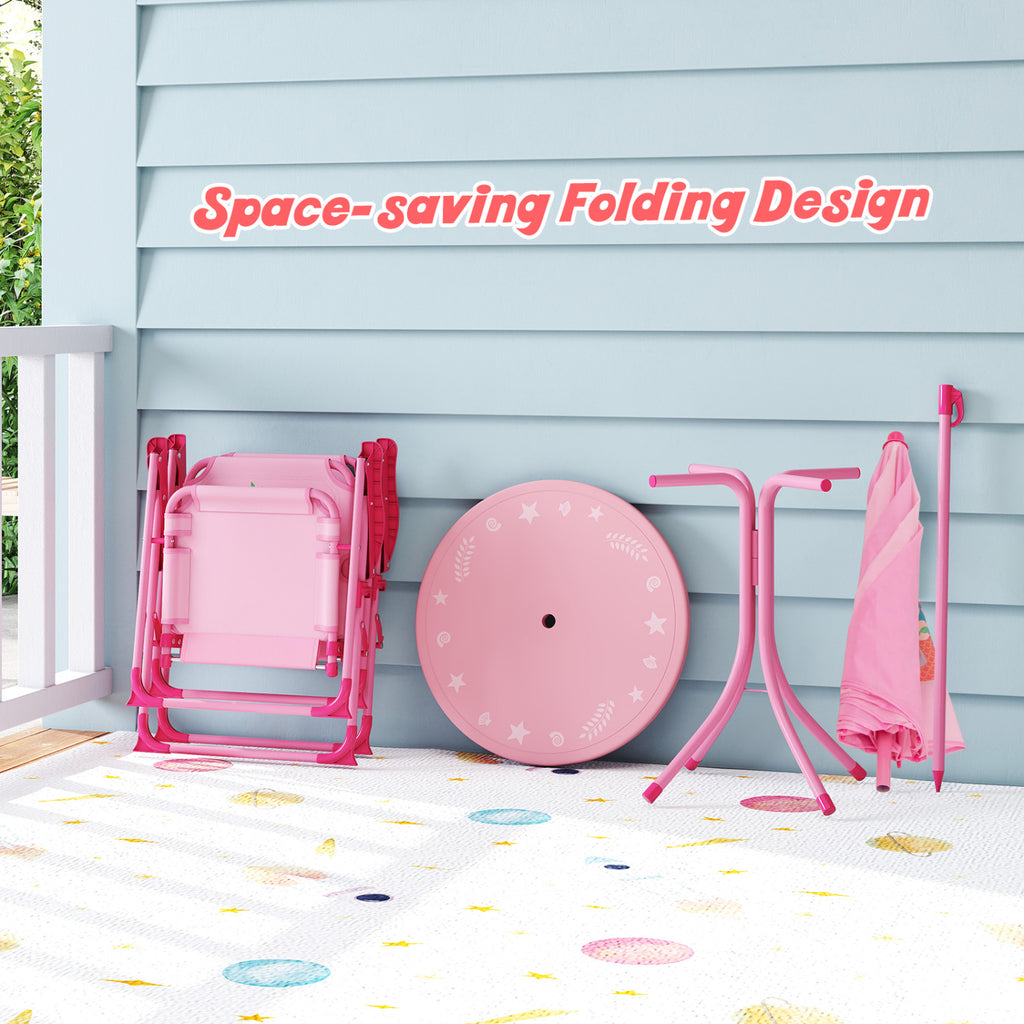4 Pieces Kids Picnic Set with 2 Folding Chairs and Height Adjustable Umbrella-Pink