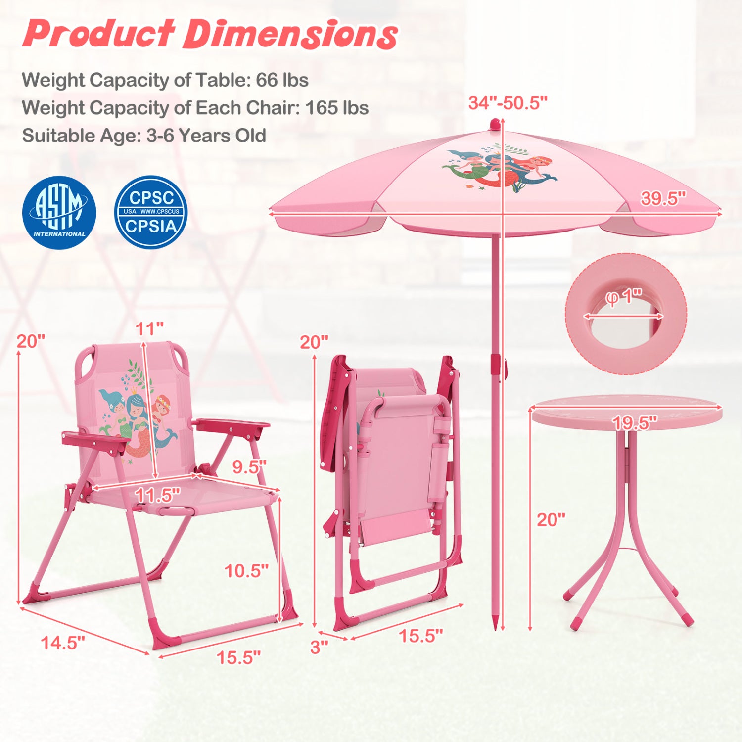 4 Pieces Kids Picnic Set with 2 Folding Chairs and Height Adjustable Umbrella-Pink