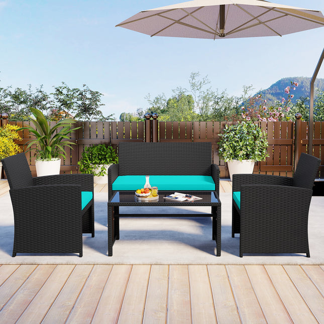 4 Pieces Patio Furniture Set with Tempered Glass Tabletop and Removable Cushion-Turquoise