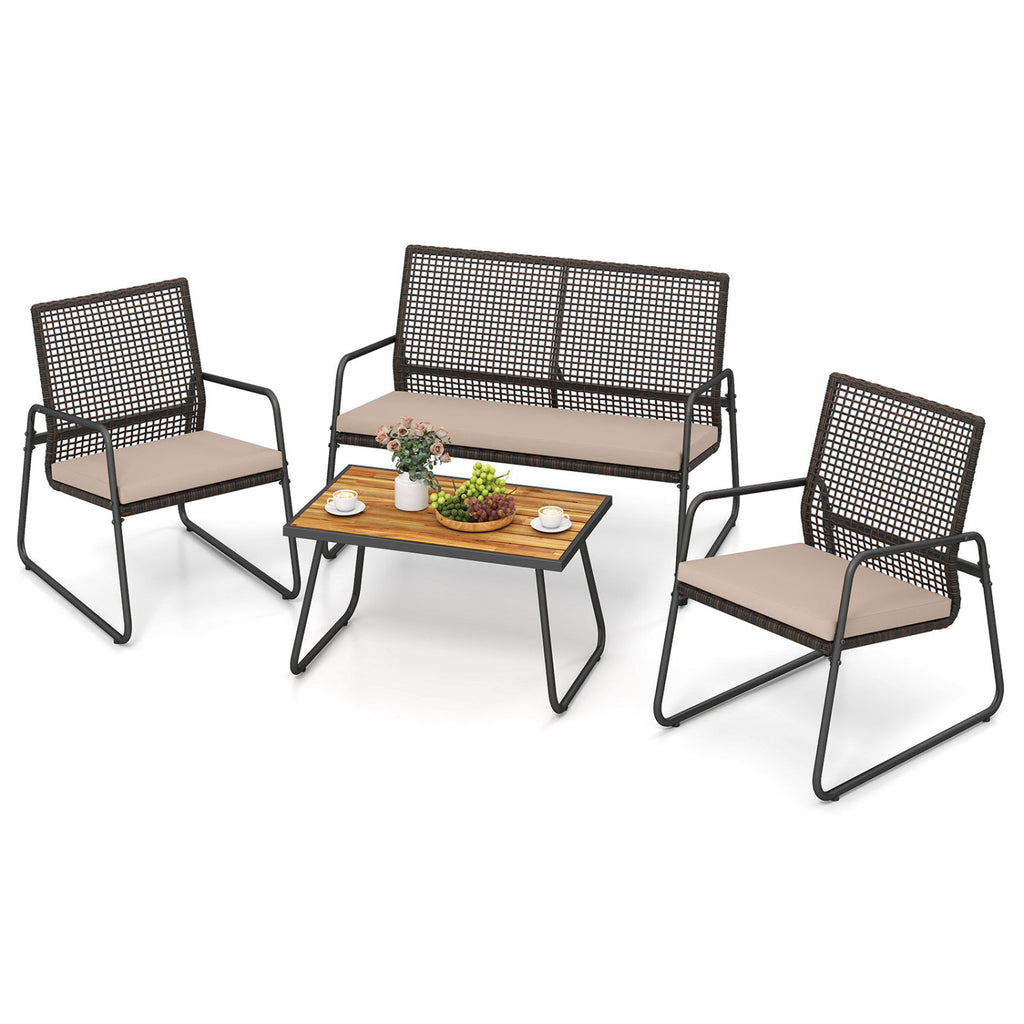 4 Pieces Patio Furniture Set with Acacia Wood Coffee Table and Zippered Cushions-Mix Brown