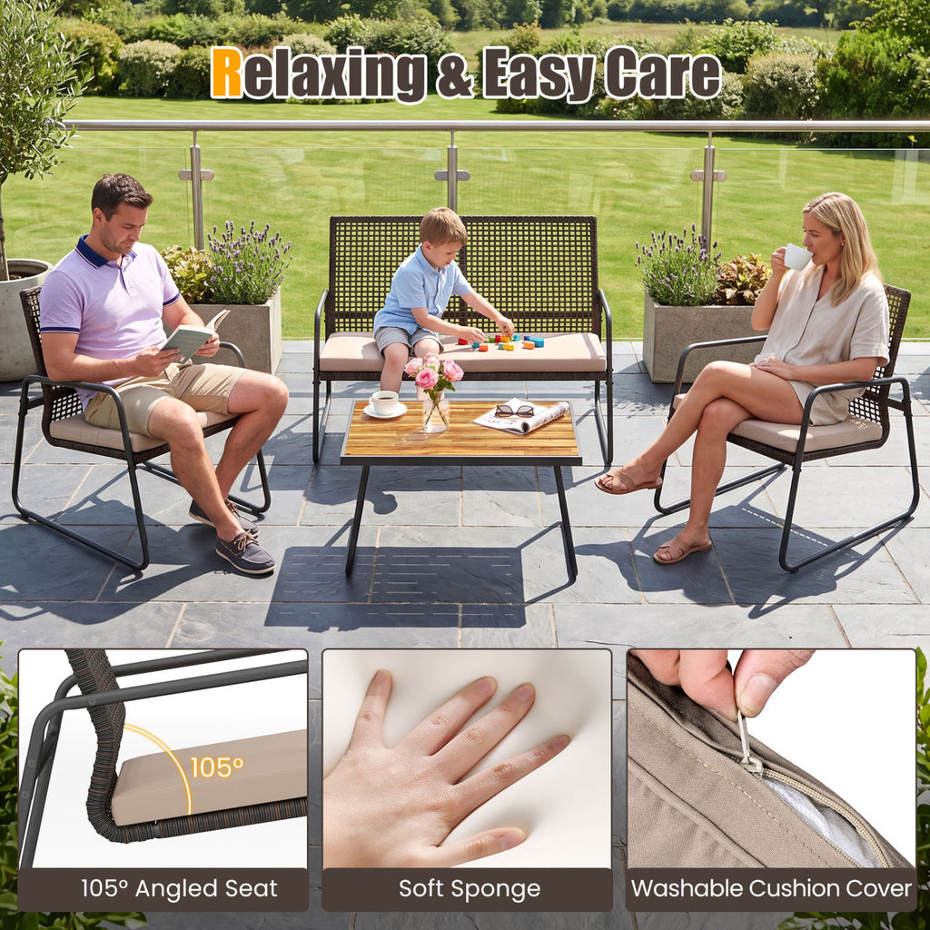 4 Pieces Patio Furniture Set with Acacia Wood Coffee Table and Zippered Cushions-Mix Brown